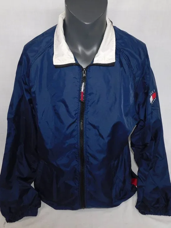 VTG 90s Y2K Tommy Jeans Hilfiger mens L Full Zip Blue Windbreaker Jacket - Picture 3 of 16